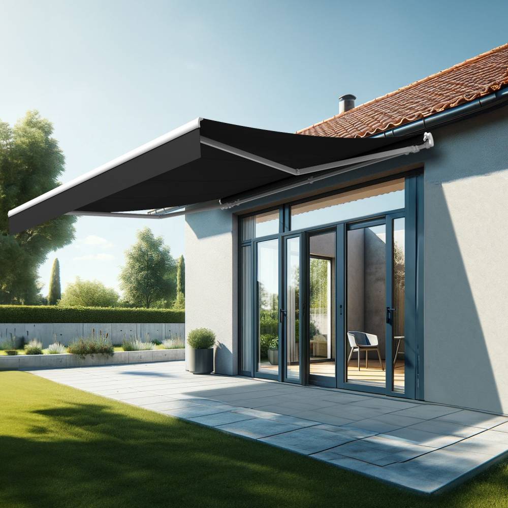 Store banne monobloc ESPAI 4,00x3,50m (Motorisé à télécommande + manœuvre de secours - Noir - Blanc) - Alia Productions - Imagen 1
