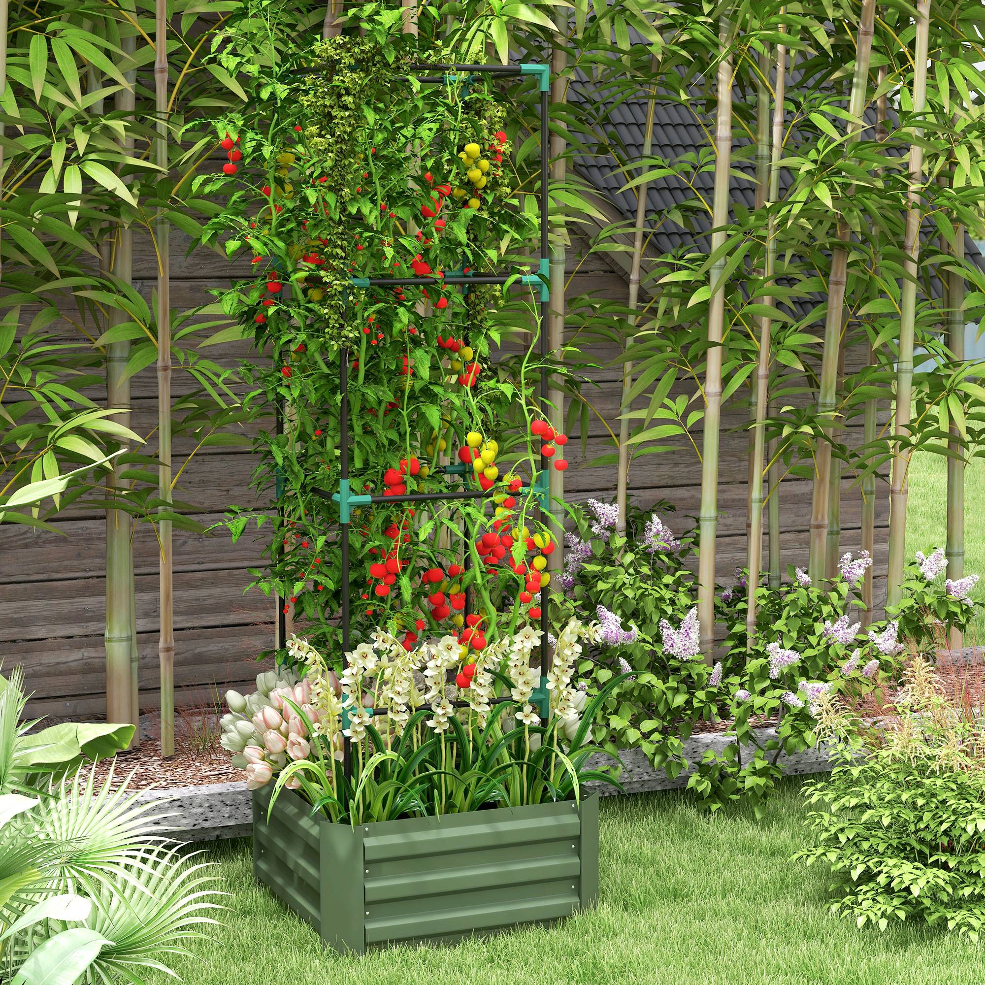 Sans Marque - Jardinière avec treillis ajustable, bac à fleurs avec cage à tomates acier galvanisé 61 x 61 x 187 cm vert - Image 4