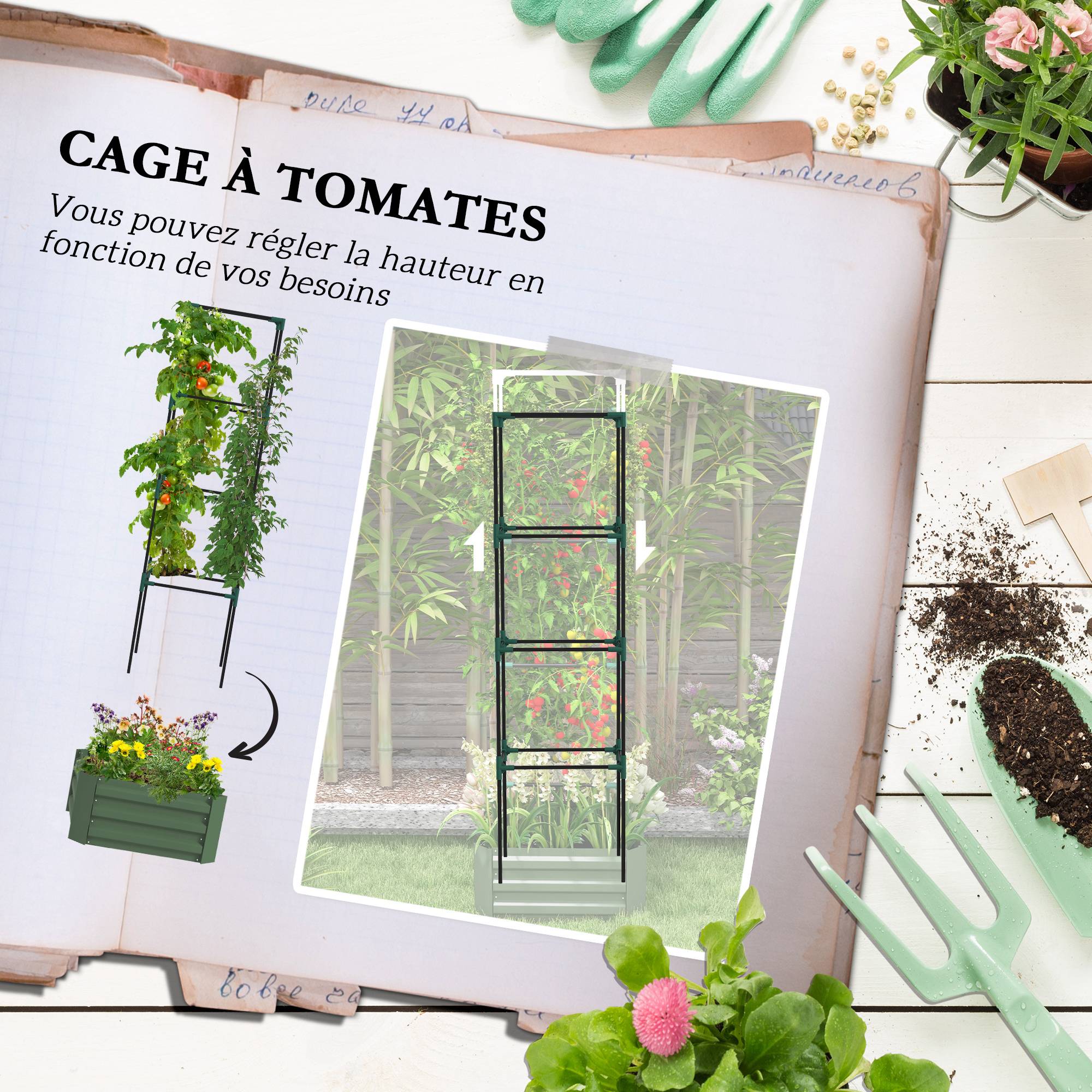 Sans Marque - Jardinière avec treillis ajustable, bac à fleurs avec cage à tomates acier galvanisé 61 x 61 x 187 cm vert - Image 6