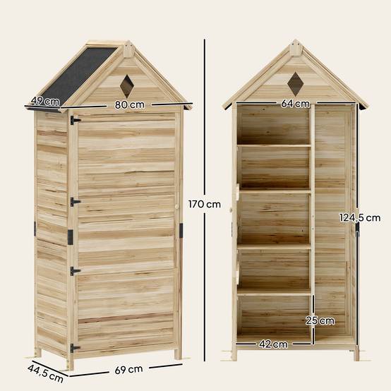 ComfortXL - Abri de jardin en sapin naturel 80 x 49 x 170 cm pour outils avec 4 étagères amovibles et toit bitumé - Image 3