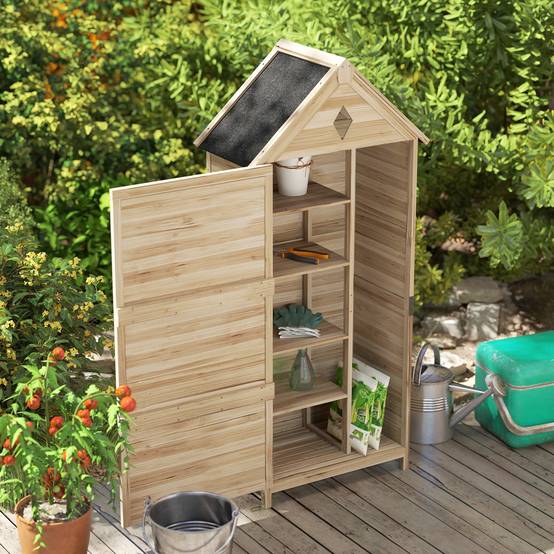 ComfortXL - Abri de jardin en sapin naturel 80 x 49 x 170 cm pour outils avec 4 étagères amovibles et toit bitumé - Image 9