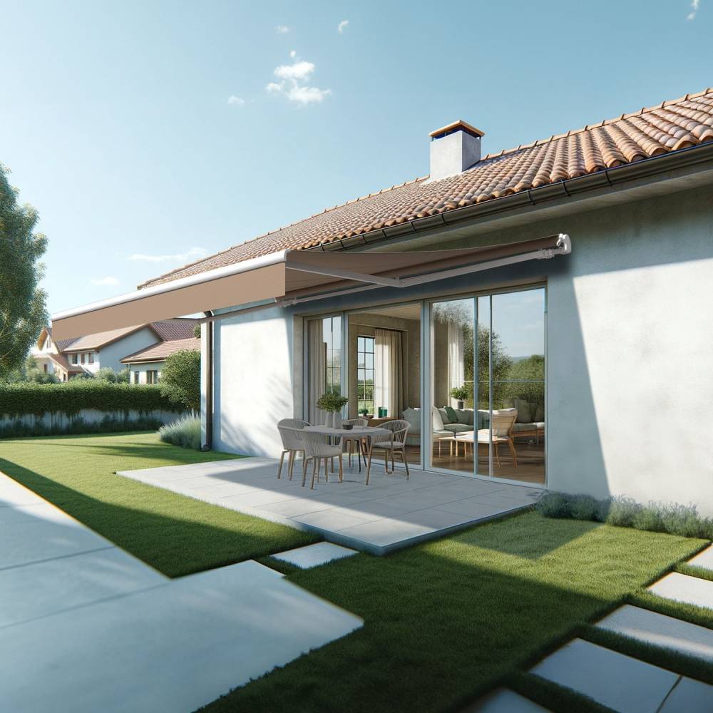 Store banne monobloc ESPAI 5,00x3,00m (Motorisé à télécommande + manœuvre de secours - Taupe - Blanc) - Alia Productions - Imagen 1