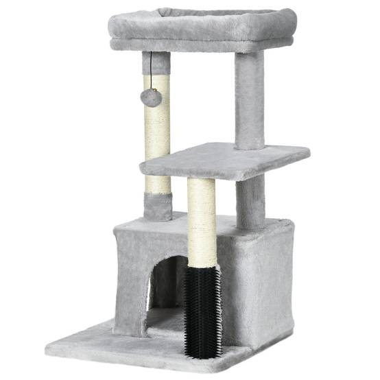 Arbre à chat PawHut 85 cm coin massage niche couchage plateforme griffoir sisal gris clair - Image 2