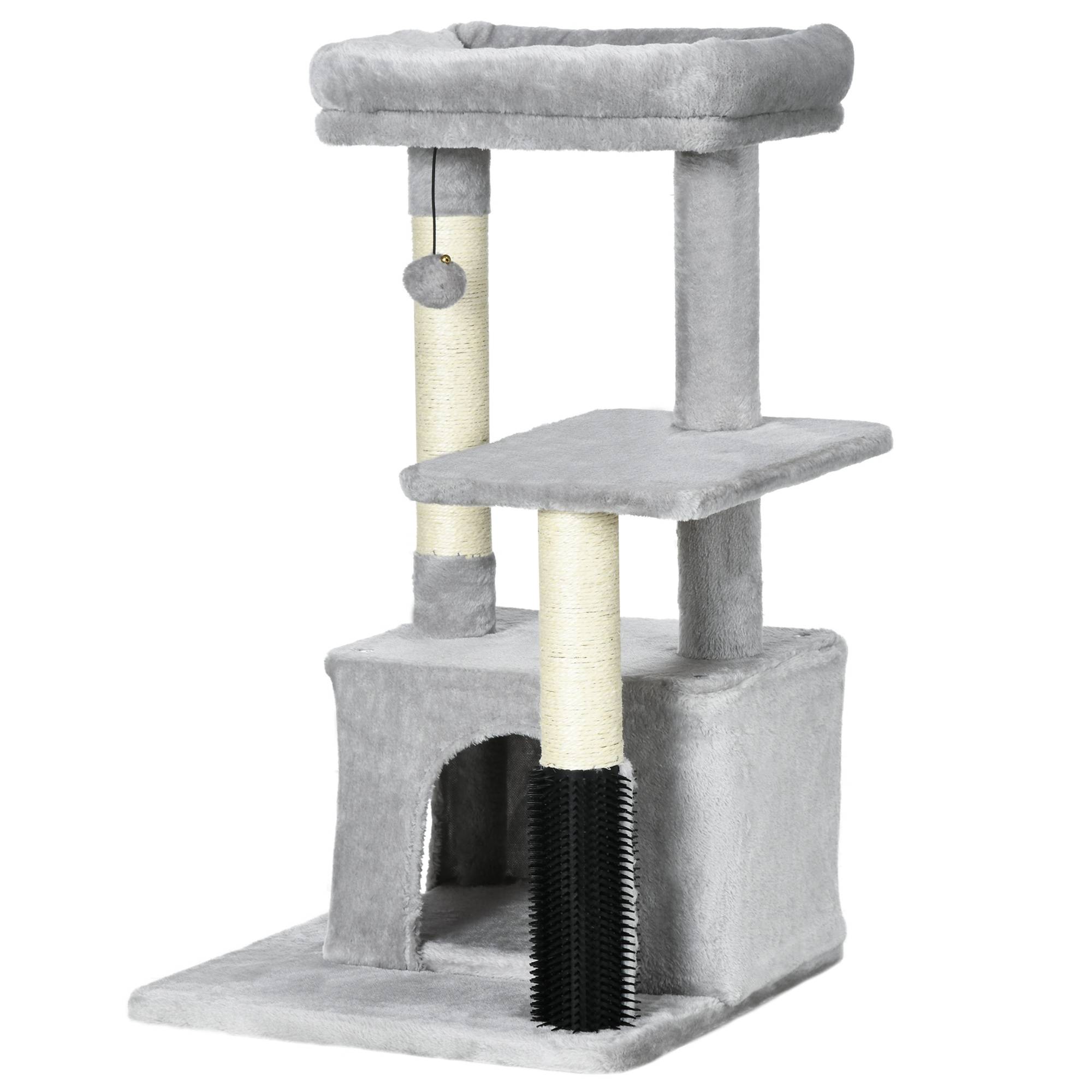Arbre à chat PawHut 85 cm coin massage niche couchage plateforme griffoir sisal gris clair - Image 2