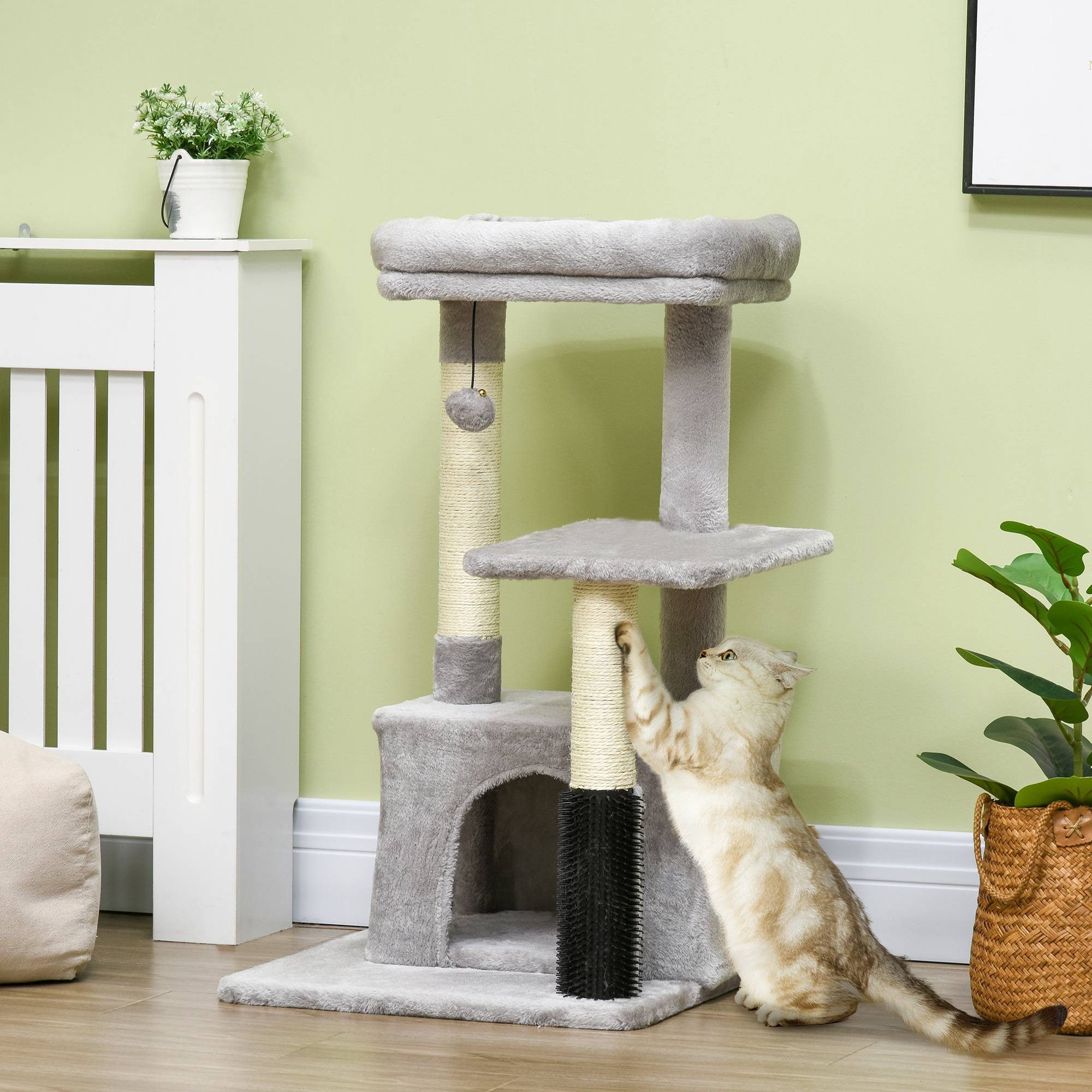 Arbre à chat PawHut 85 cm coin massage niche couchage plateforme griffoir sisal gris clair - Image 4