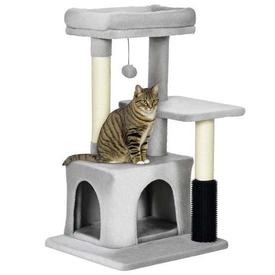 Arbre à chat PawHut 85 cm coin massage niche couchage plateforme griffoir sisal gris clair - Image 1