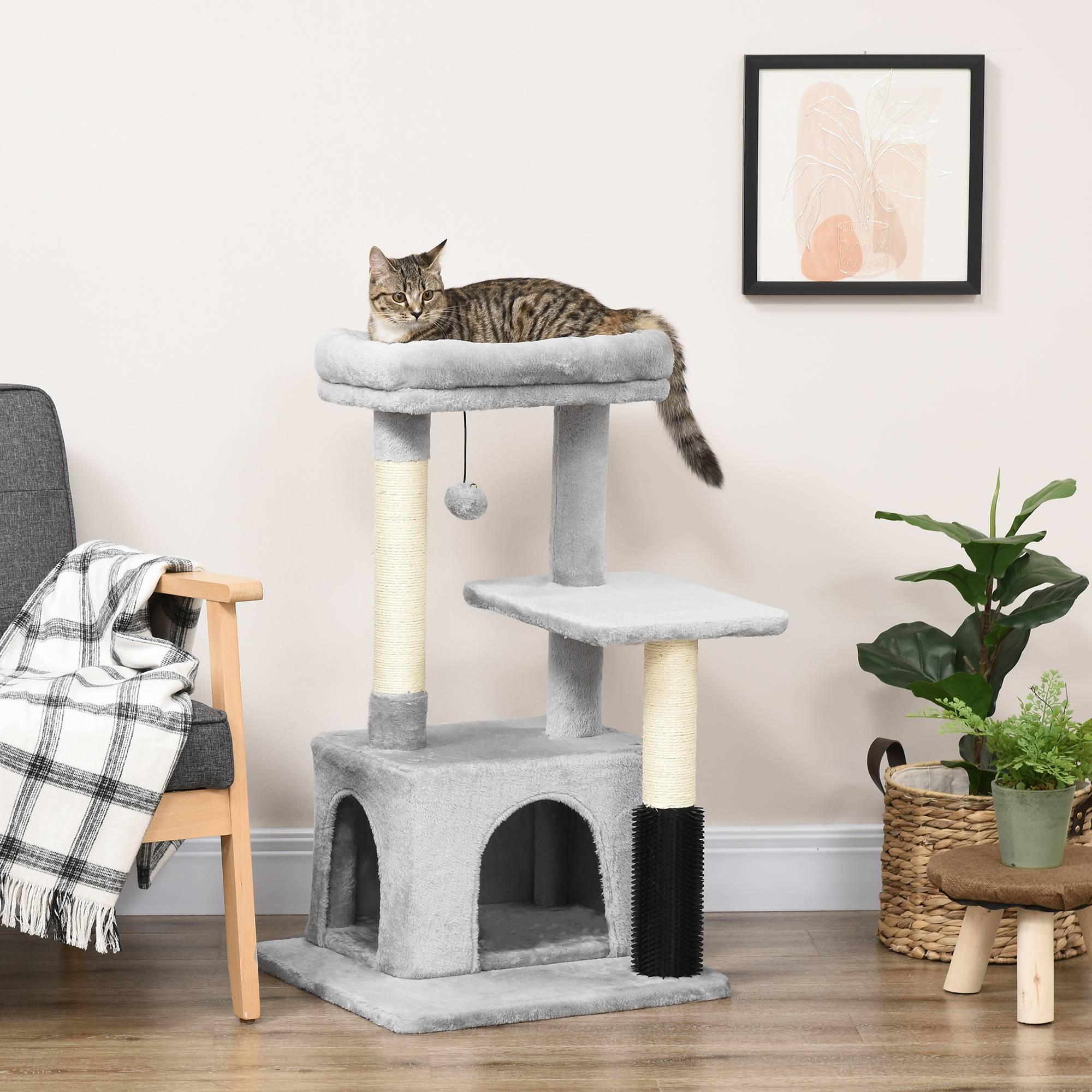 Arbre à chat PawHut 85 cm coin massage niche couchage plateforme griffoir sisal gris clair - Image 3