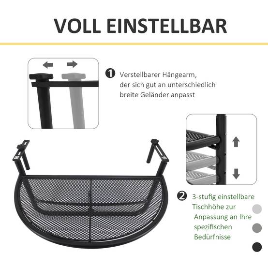 Table suspendue demi-ronde métal Ø30cm, hauteur ajustable pour balcon - Image 4