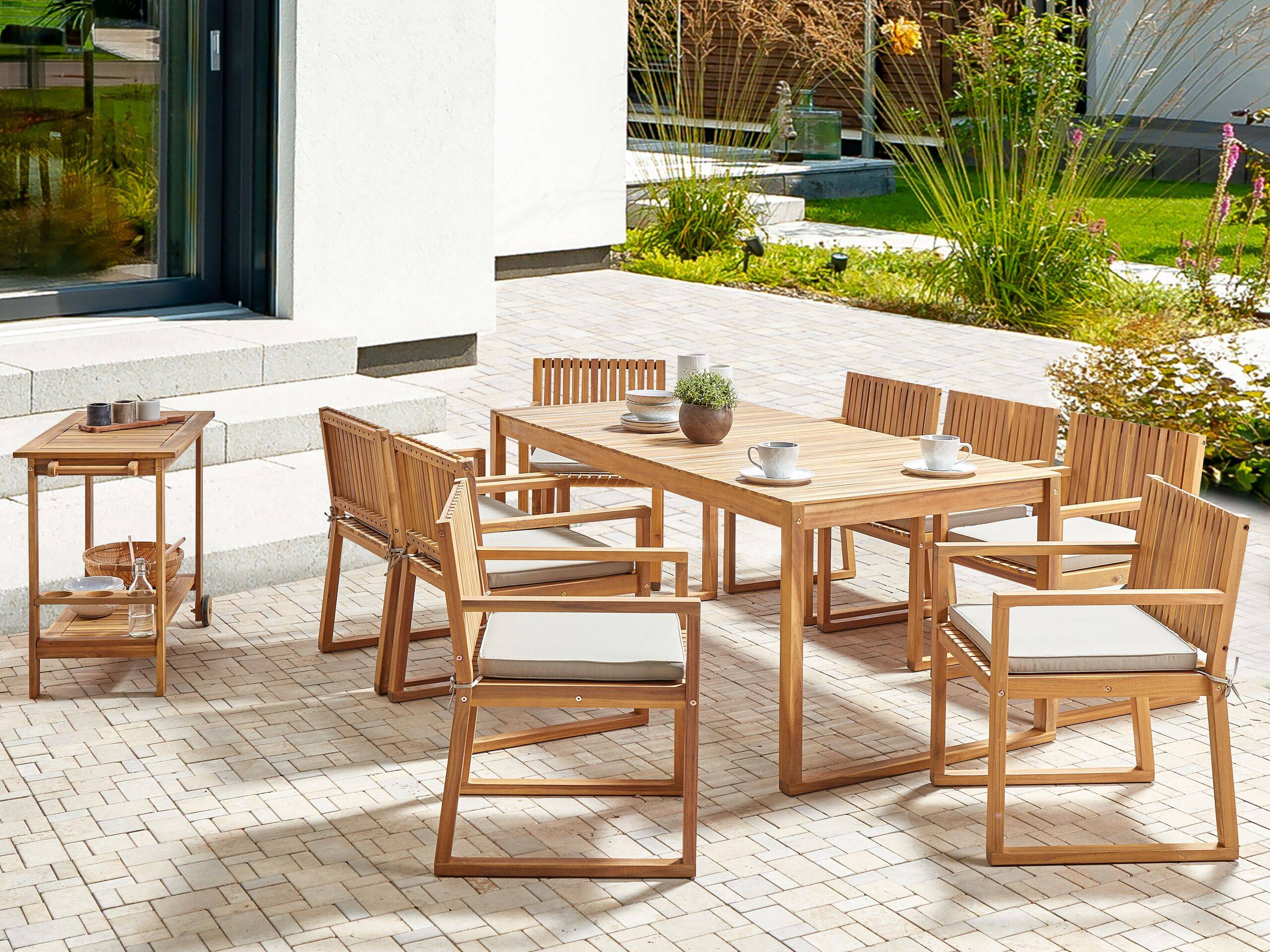 Beliani - Ensemble de Jardin 8 Places avec Coussins Taupe en Bois d'Acacia Table et Chaises Style Rustique - Imagen 2