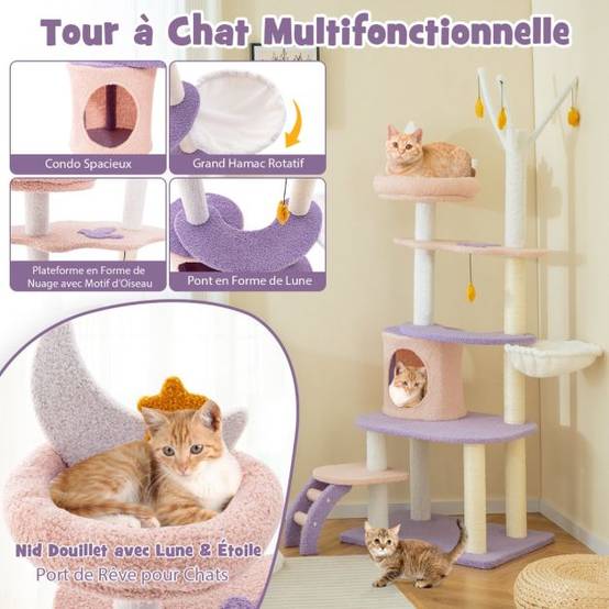 Arbre à chat violet tour à plusieurs niveaux de 158 cm avec échelle poteaux à griffer de sisal condo perchoir moelleux hamac violet - Image 3