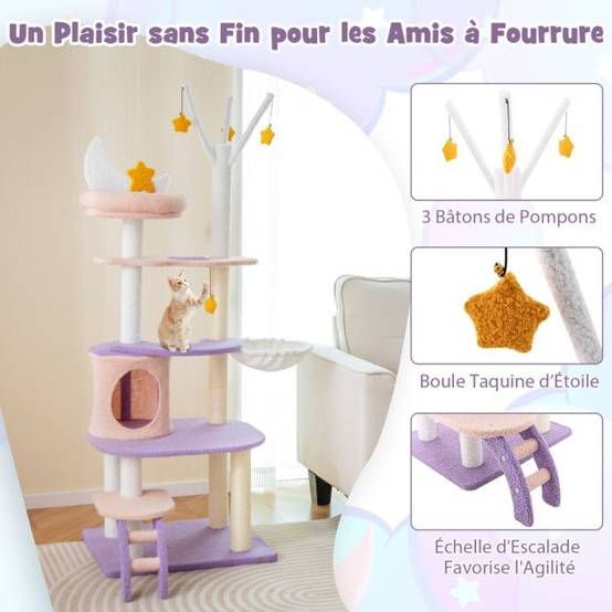 Arbre à chat violet tour à plusieurs niveaux de 158 cm avec échelle poteaux à griffer de sisal condo perchoir moelleux hamac violet - Image 2