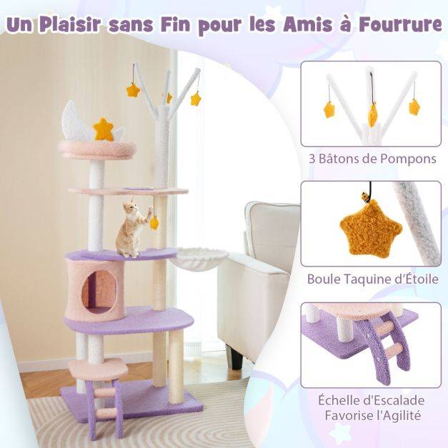 Arbre à chat violet tour à plusieurs niveaux de 158 cm avec échelle poteaux à griffer de sisal condo perchoir moelleux hamac violet - Image 2