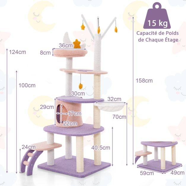 Arbre à chat violet tour à plusieurs niveaux de 158 cm avec échelle poteaux à griffer de sisal condo perchoir moelleux hamac violet - Image 4