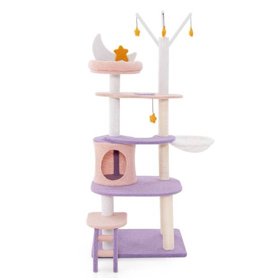 Arbre à chat violet tour à plusieurs niveaux de 158 cm avec échelle poteaux à griffer de sisal condo perchoir moelleux hamac violet - Image 1