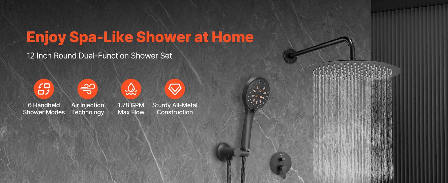 VEVOR Kit de Douche avec Douchette de Tête Ronde 30,5 cm et à Main Noir Mat - Image 9