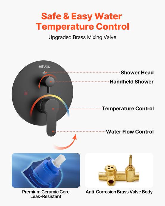 VEVOR Kit de Douche avec Douchette de Tête Ronde 30,5 cm et à Main Noir Mat - Image 5