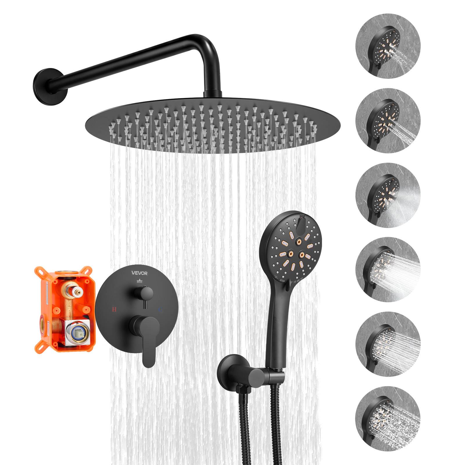 VEVOR Kit de Douche avec Douchette de Tête Ronde 30,5 cm et à Main Noir Mat - Image 1