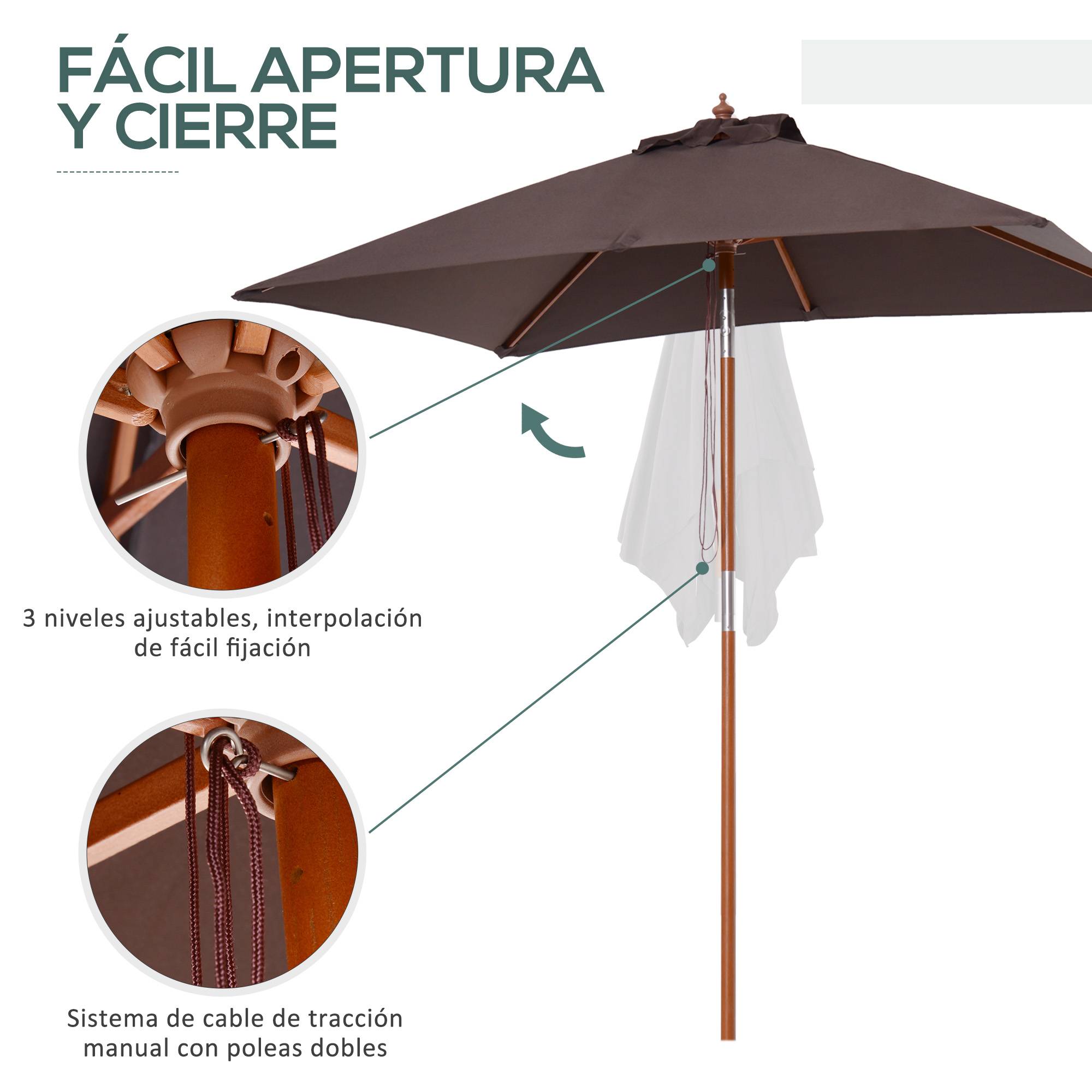 ComfortXL - Parasol Droit Rectangulaire Mât Bois Jardin Terrasse Inclinable 200x150 cm Café - ComfortXL Outdoor Living - Image 8