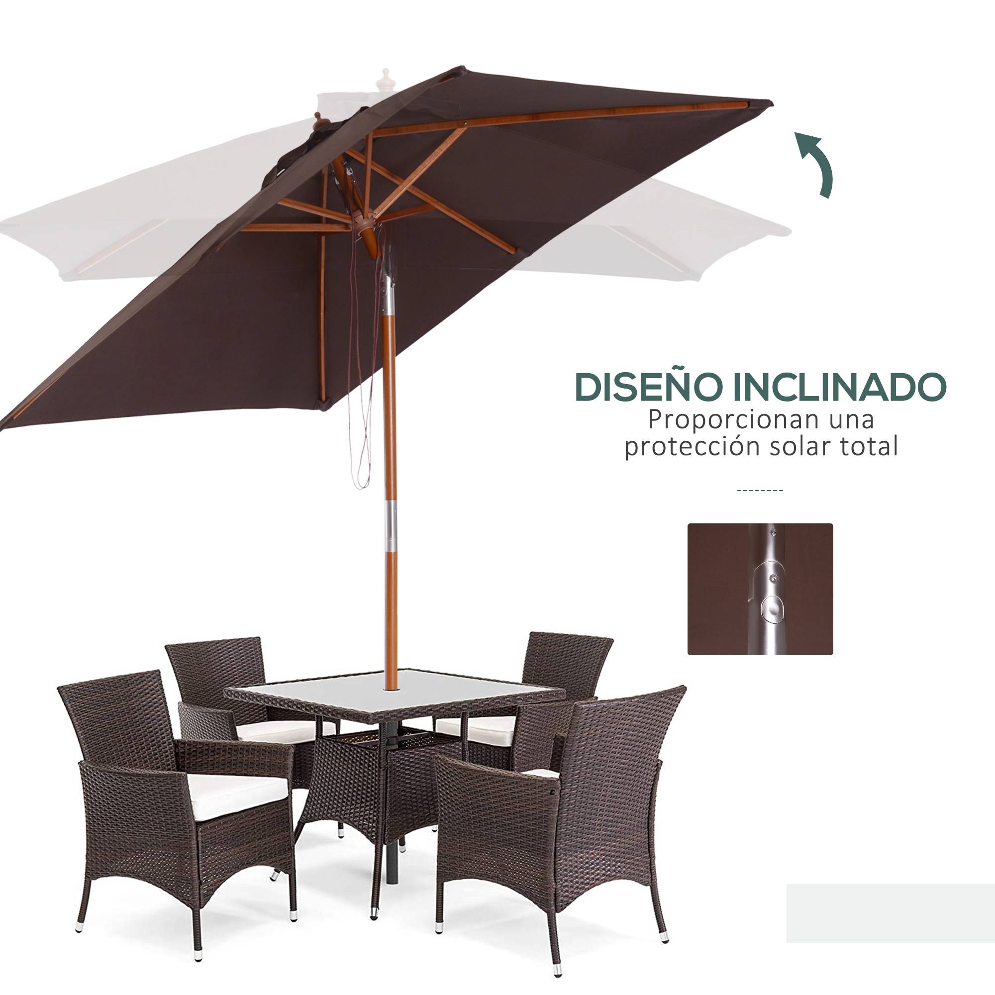 ComfortXL - Parasol Droit Rectangulaire Mât Bois Jardin Terrasse Inclinable 200x150 cm Café - ComfortXL Outdoor Living - Image 6