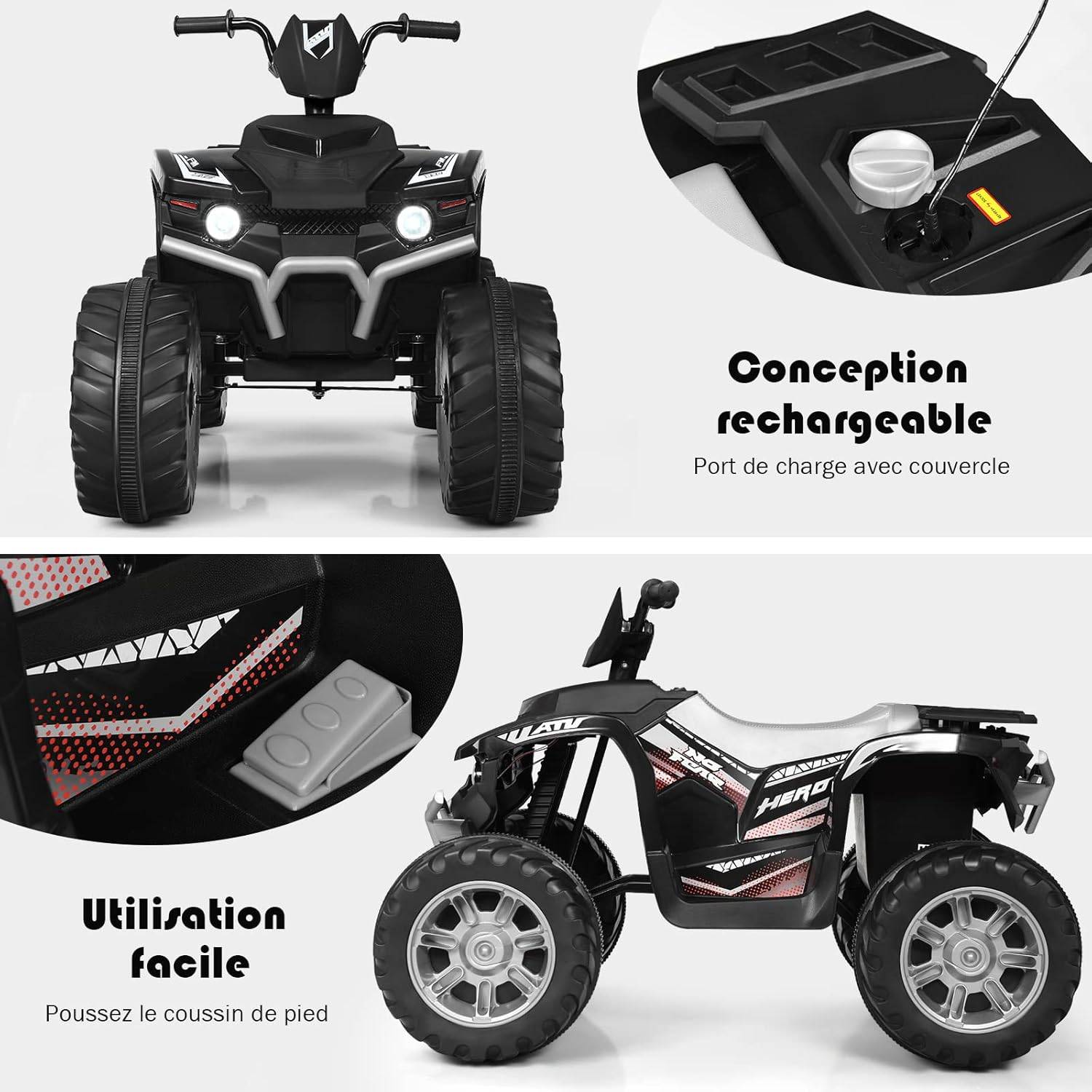 Quad Électrique 12V pour Enfants 3-7 Ans,104x67x74cm, pour Différents Terrains Noir - Image 4