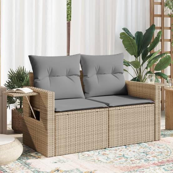 Canapé Extérieur 2 Places Résine Beige Tablette Rabattable et Coussins Gris Clair – ComfortXL Outdoor Living - Image 1