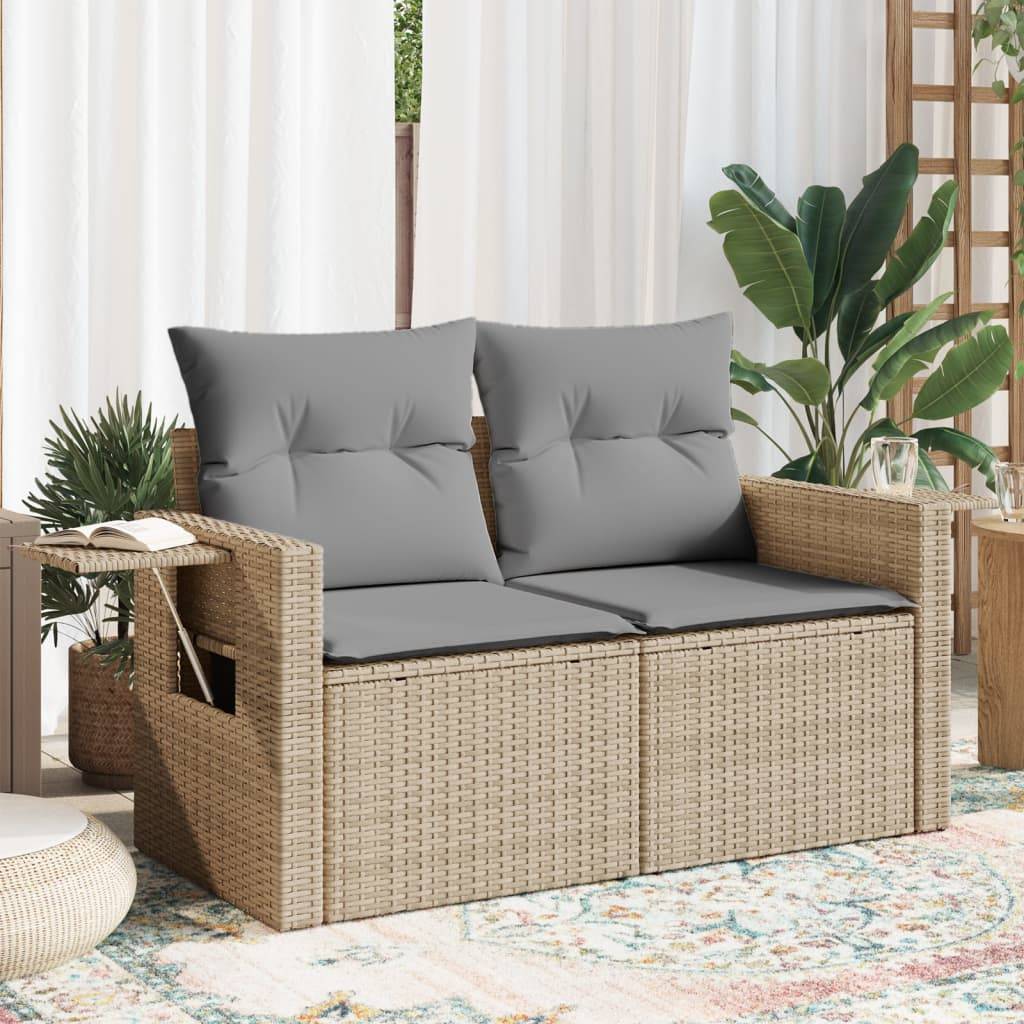 Canapé Extérieur 2 Places Résine Beige Tablette Rabattable et Coussins Gris Clair – ComfortXL Outdoor Living - Image 1