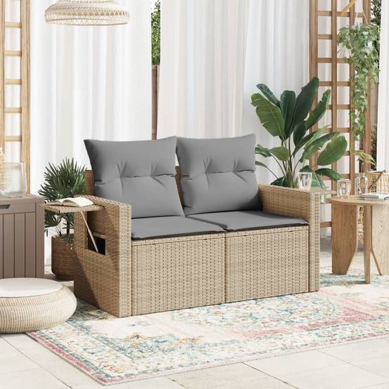 Canapé Extérieur 2 Places Résine Beige Tablette Rabattable et Coussins Gris Clair – ComfortXL Outdoor Living - Image 3