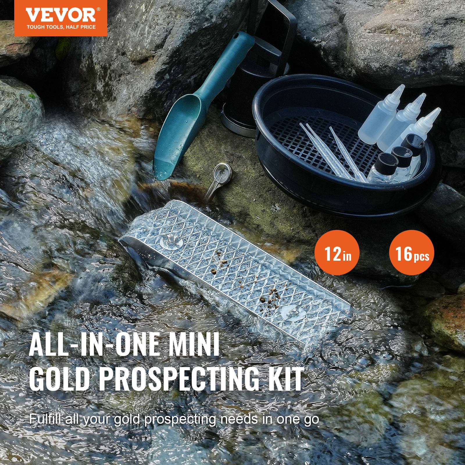 Vevor - VEVOR Kit orpaillage portable 16 pièces, rampe 30.5cm alu, avec batée, tamis, pipettes, pelle, sac. - Image 2