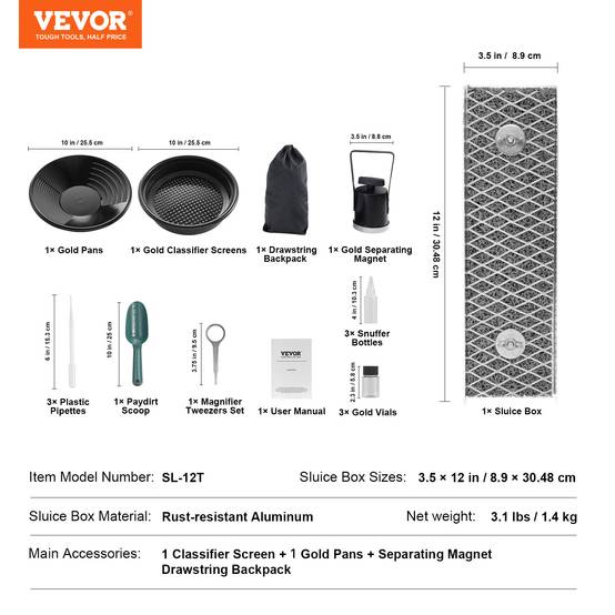 Vevor - VEVOR Kit orpaillage portable 16 pièces, rampe 30.5cm alu, avec batée, tamis, pipettes, pelle, sac. - Image 7