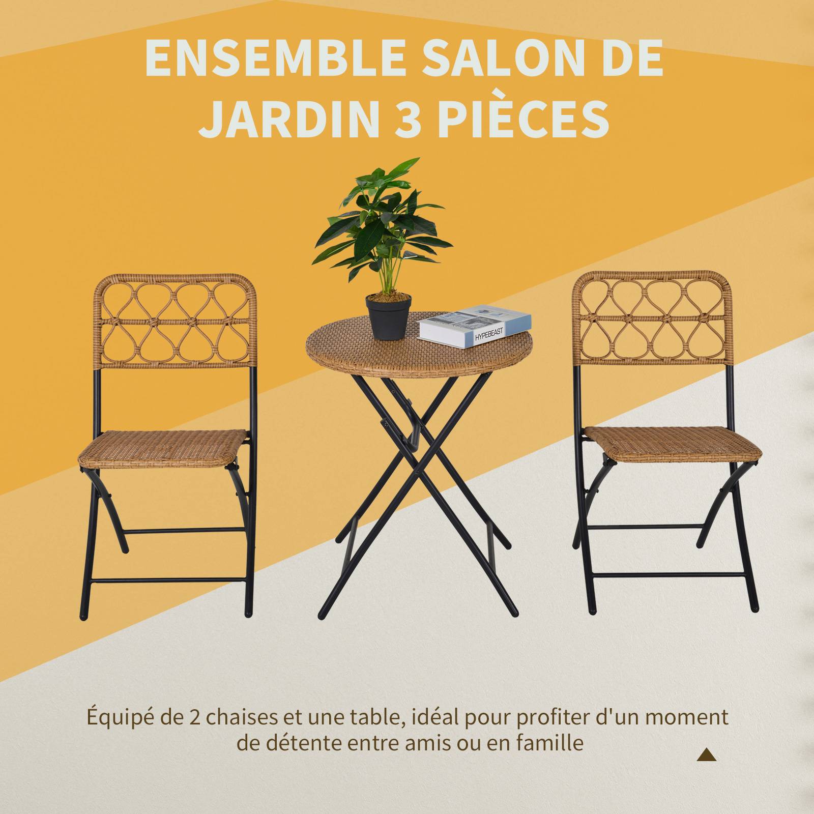 Outsunny - Ensemble bistro de jardin 3 pièces pliantes style cosy 2 chaises + table résine tressée beige acier époxy noir - Outsunny - Imagen 4
