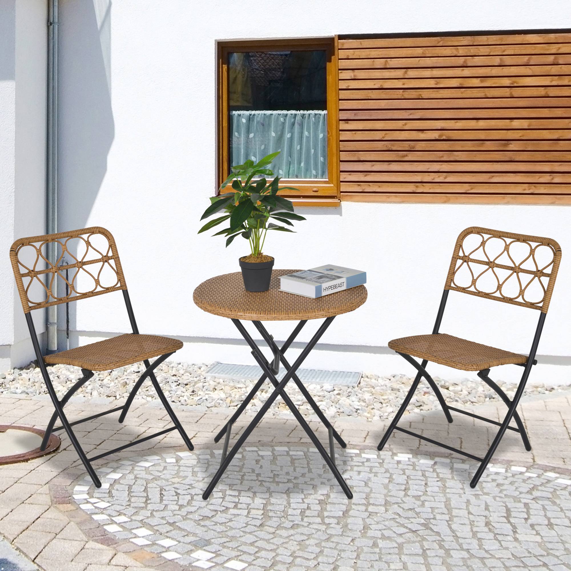 Outsunny - Ensemble bistro de jardin 3 pièces pliantes style cosy 2 chaises + table résine tressée beige acier époxy noir - Outsunny - Imagen 2