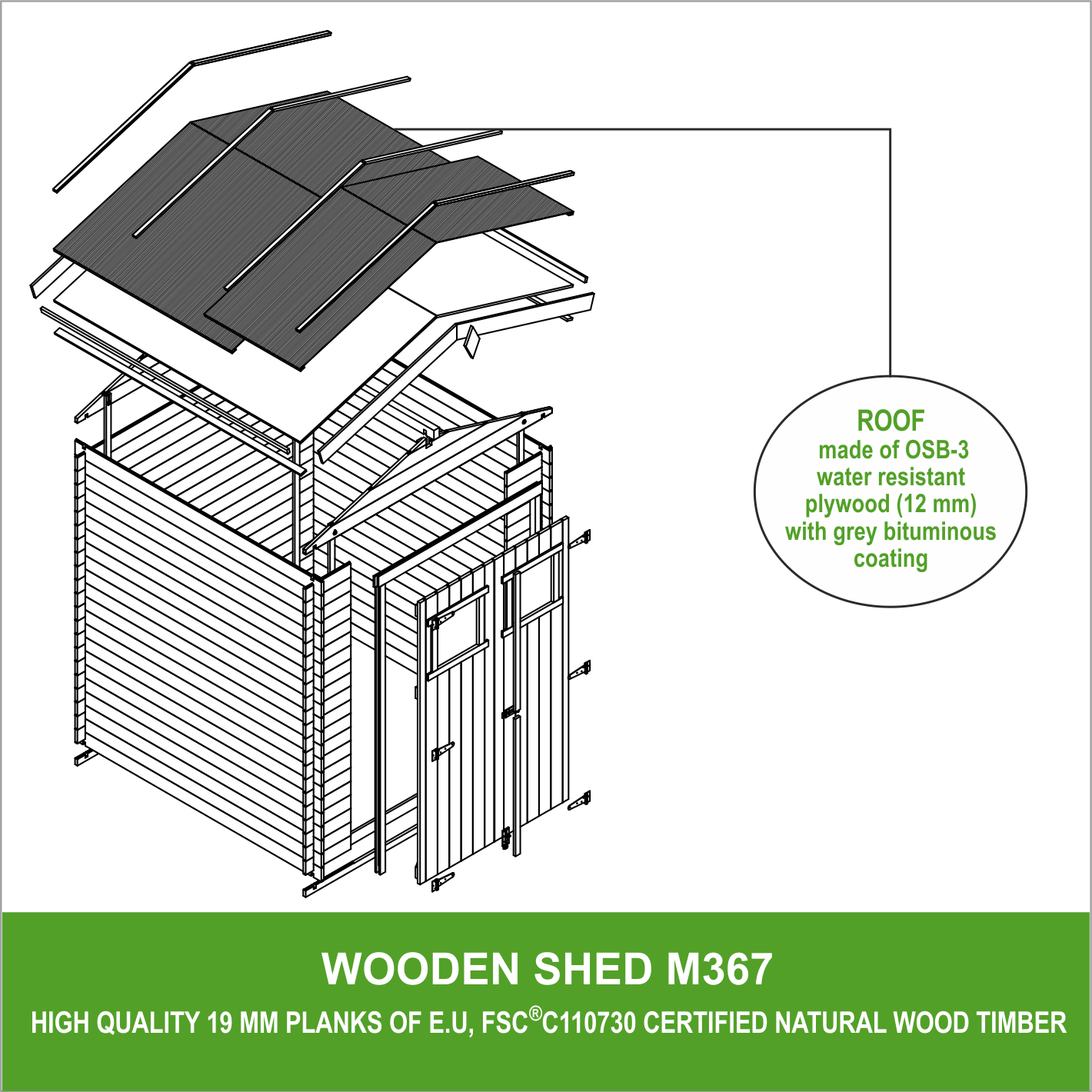 Timbela - Abri de jardin en bois I196xL136xH218 cm/ 1.98 m² - Stockage extérieur - Petit abri à outils, Local à vélos -  19 mm d’épaisseur - Timbela M367 - Image 7