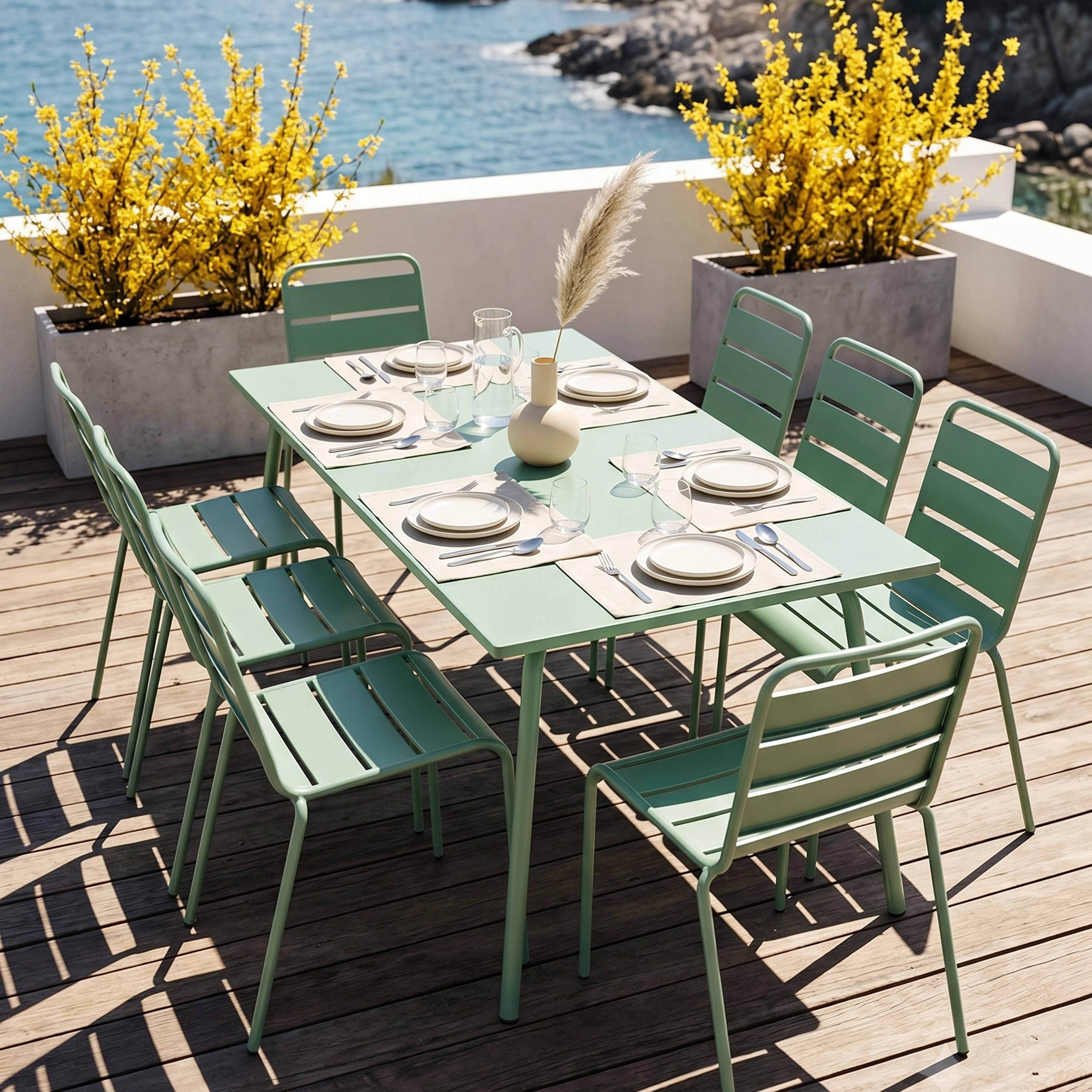 Oviala - Ensemble table de jardin et 8 chaises en métal vert sauge Palavas - Oviala - Imagen 2