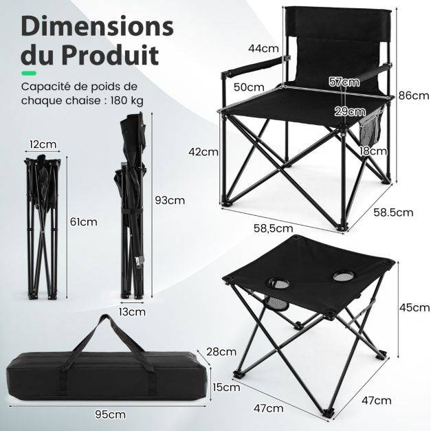 Helloshop26 - Lot de 2 chaises de camping pliante charge 180 kg table d'appoint porte-gobelets poches de rangement pique-nique pêche noir - Imagen 3