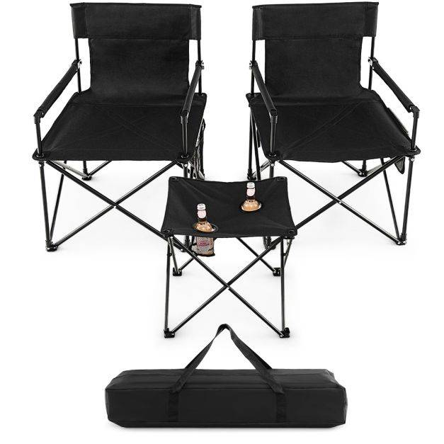 Helloshop26 - Lot de 2 chaises de camping pliante charge 180 kg table d'appoint porte-gobelets poches de rangement pique-nique pêche noir - Imagen 2