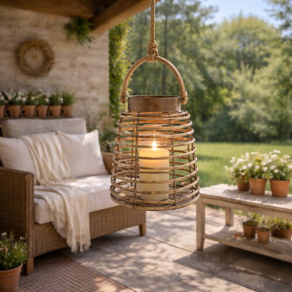 Lanterne jardin extérieur à poser bougie ancienne rotin 24.5cm Chemin de campagne - Image 2