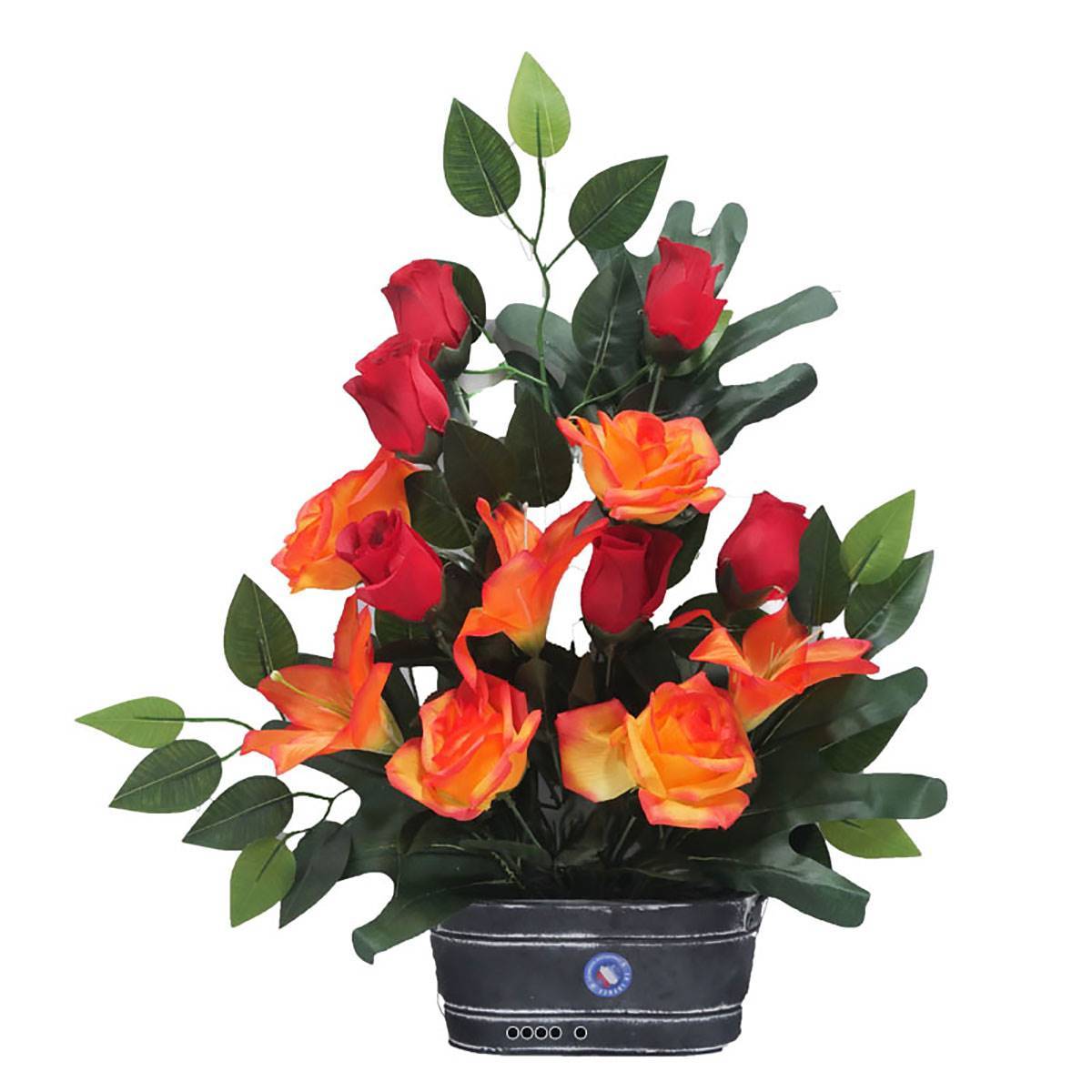Artificielles - Jardinière zinc fleurs artificielles cimetière roses et lys Rouge - couleur: Rouge 755 - Imagen 1