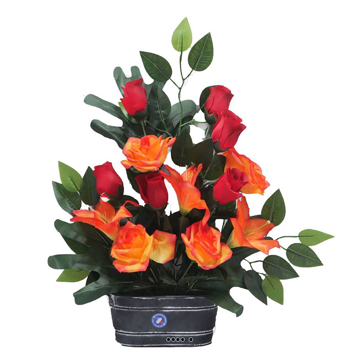 Artificielles - Jardinière zinc fleurs artificielles cimetière roses et lys Rouge - couleur: Rouge 755 - Imagen 2