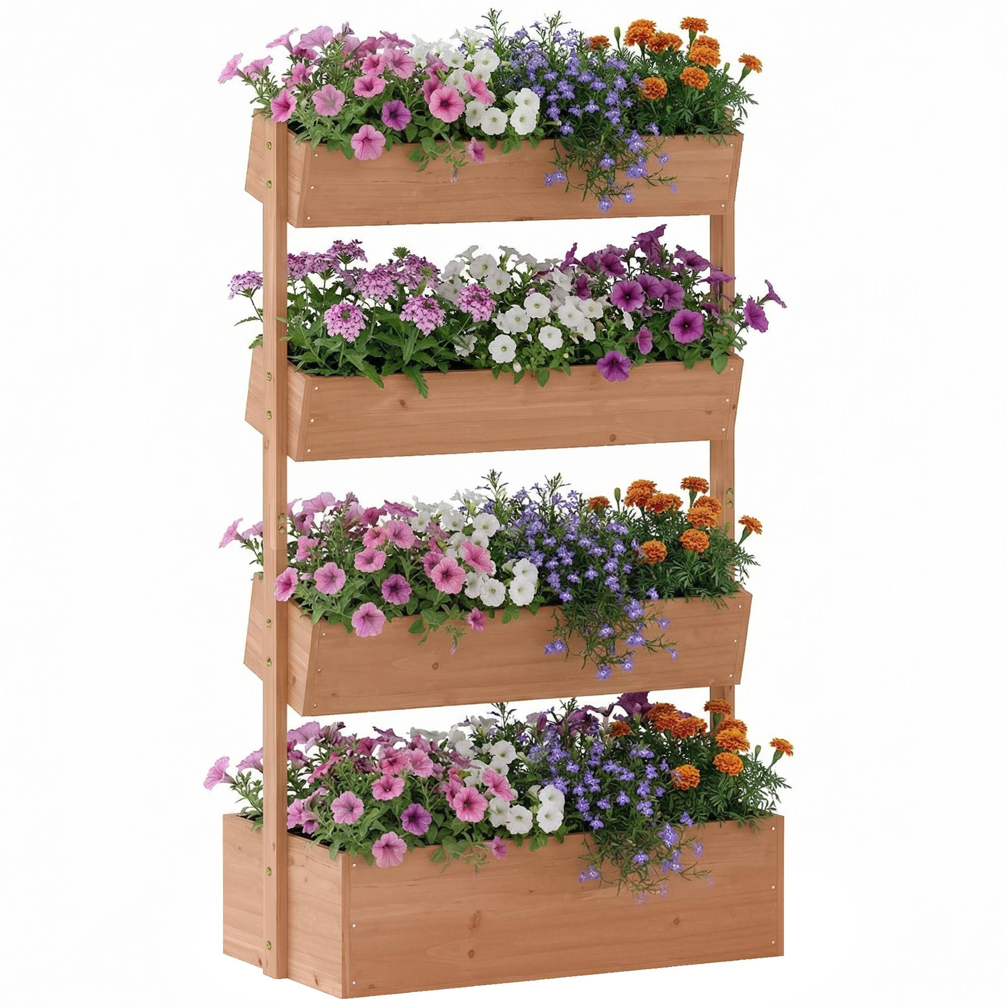 Jardinière en bois à 4 niveaux, surélevée pour l'extérieur avec trous de drainage, en tissu non tissé marron - Image 1