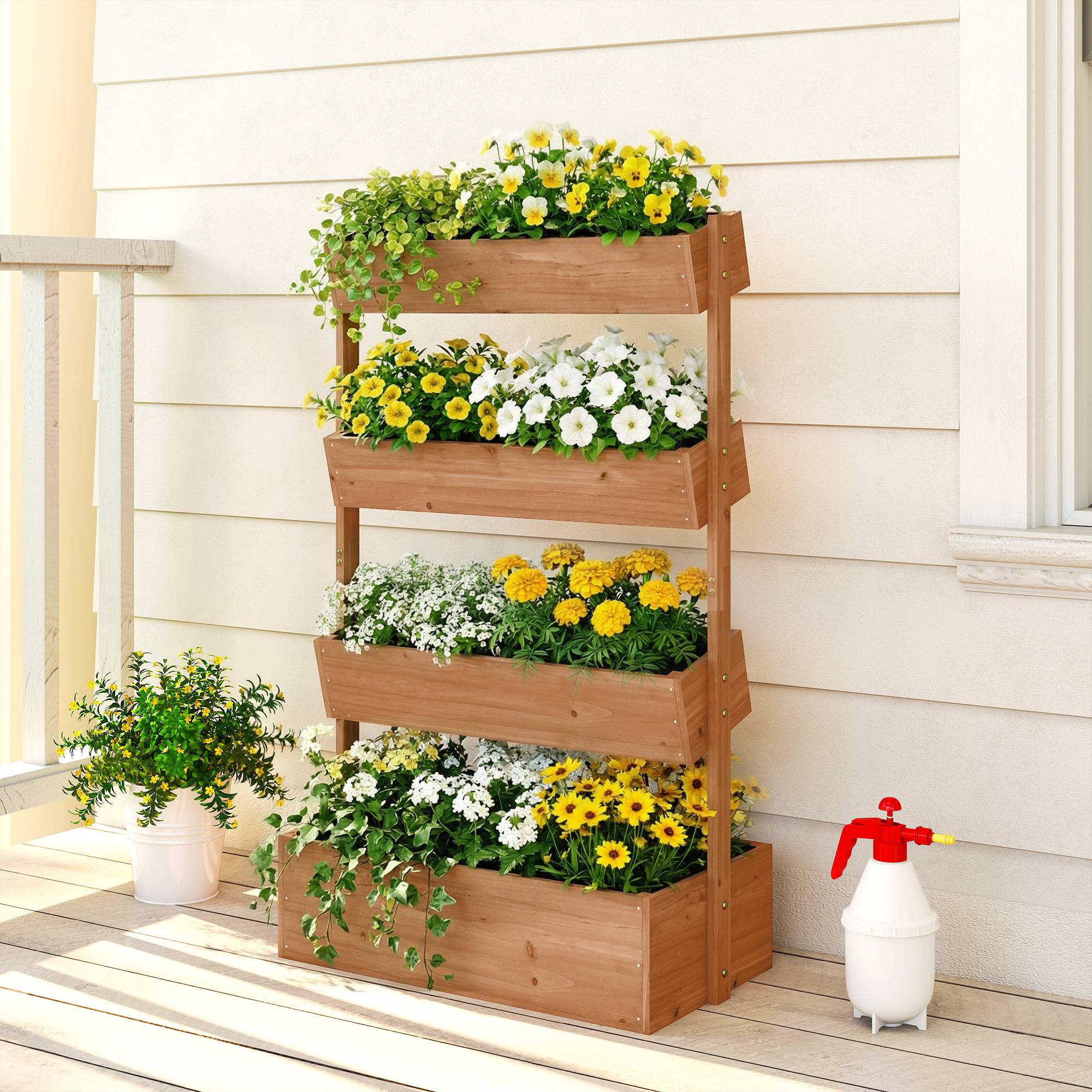 Jardinière en bois à 4 niveaux, surélevée pour l'extérieur avec trous de drainage, en tissu non tissé marron - Image 4