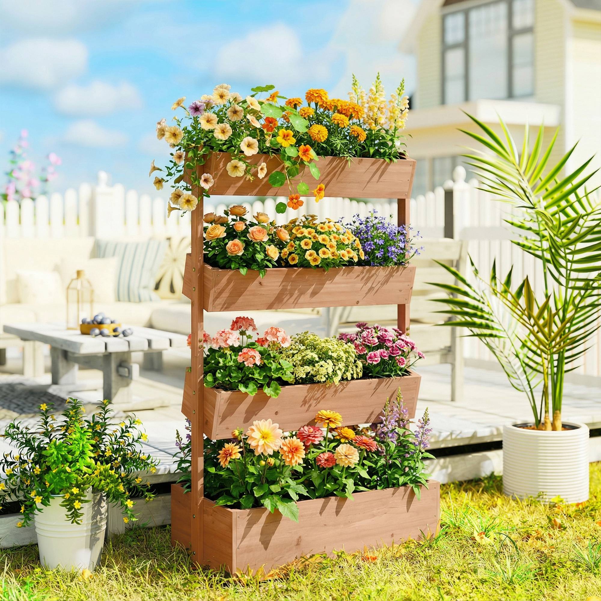 Jardinière en bois à 4 niveaux, surélevée pour l'extérieur avec trous de drainage, en tissu non tissé marron - Image 3