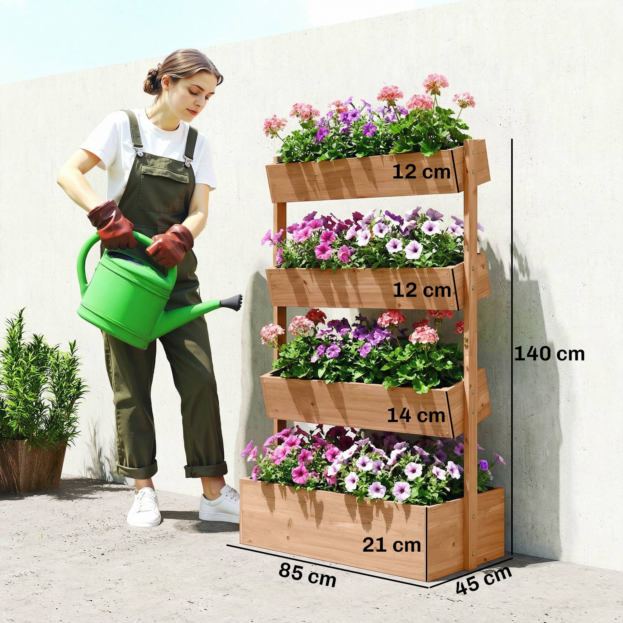 Jardinière en bois à 4 niveaux, surélevée pour l'extérieur avec trous de drainage, en tissu non tissé marron - Image 5