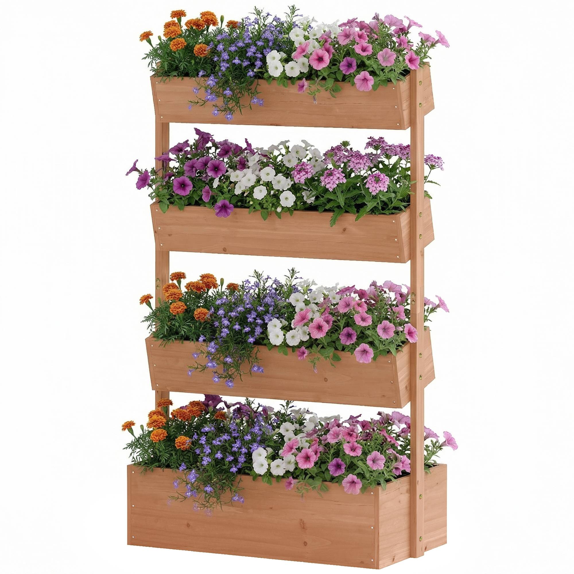 Jardinière en bois à 4 niveaux, surélevée pour l'extérieur avec trous de drainage, en tissu non tissé marron - Image 2