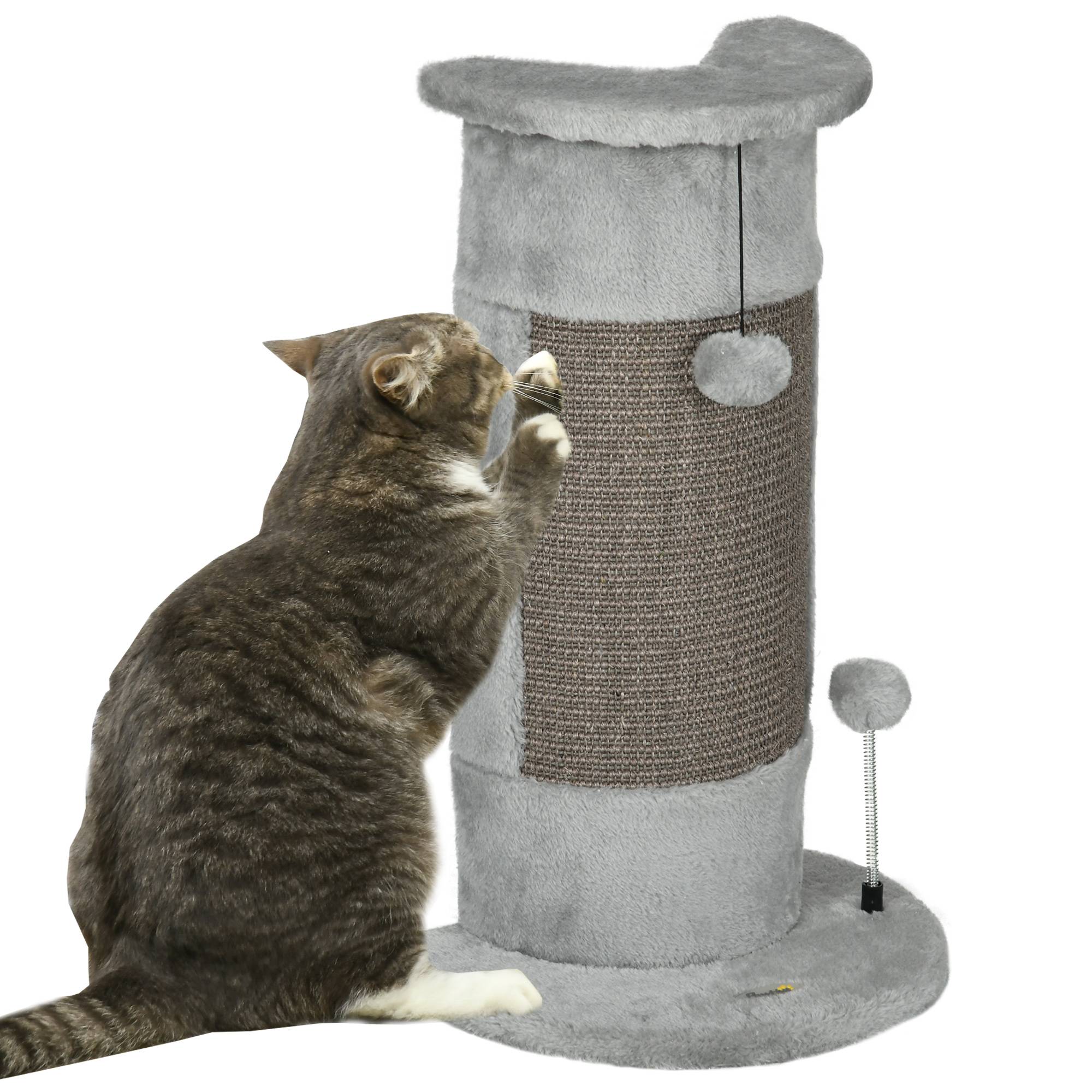 Pawhut - Griffoir grattoir poteau angle 58H cm design jeu boule suspendue + boule sur ressort peluche jute naturelle gris - Imagen 1