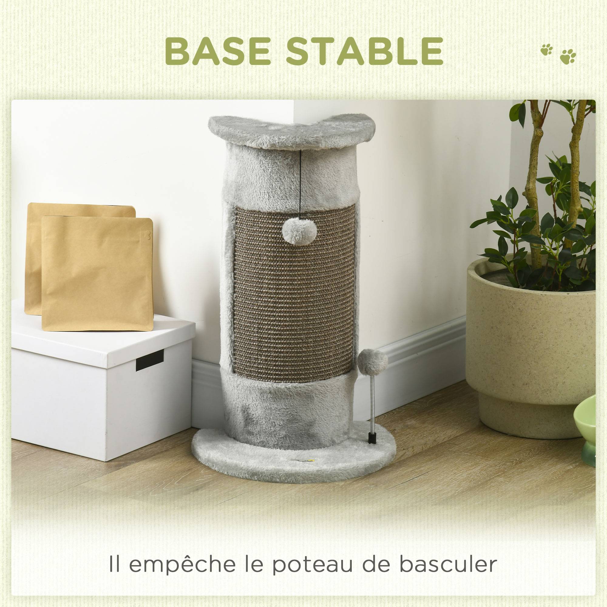 Pawhut - Griffoir grattoir poteau angle 58H cm design jeu boule suspendue + boule sur ressort peluche jute naturelle gris - Imagen 5