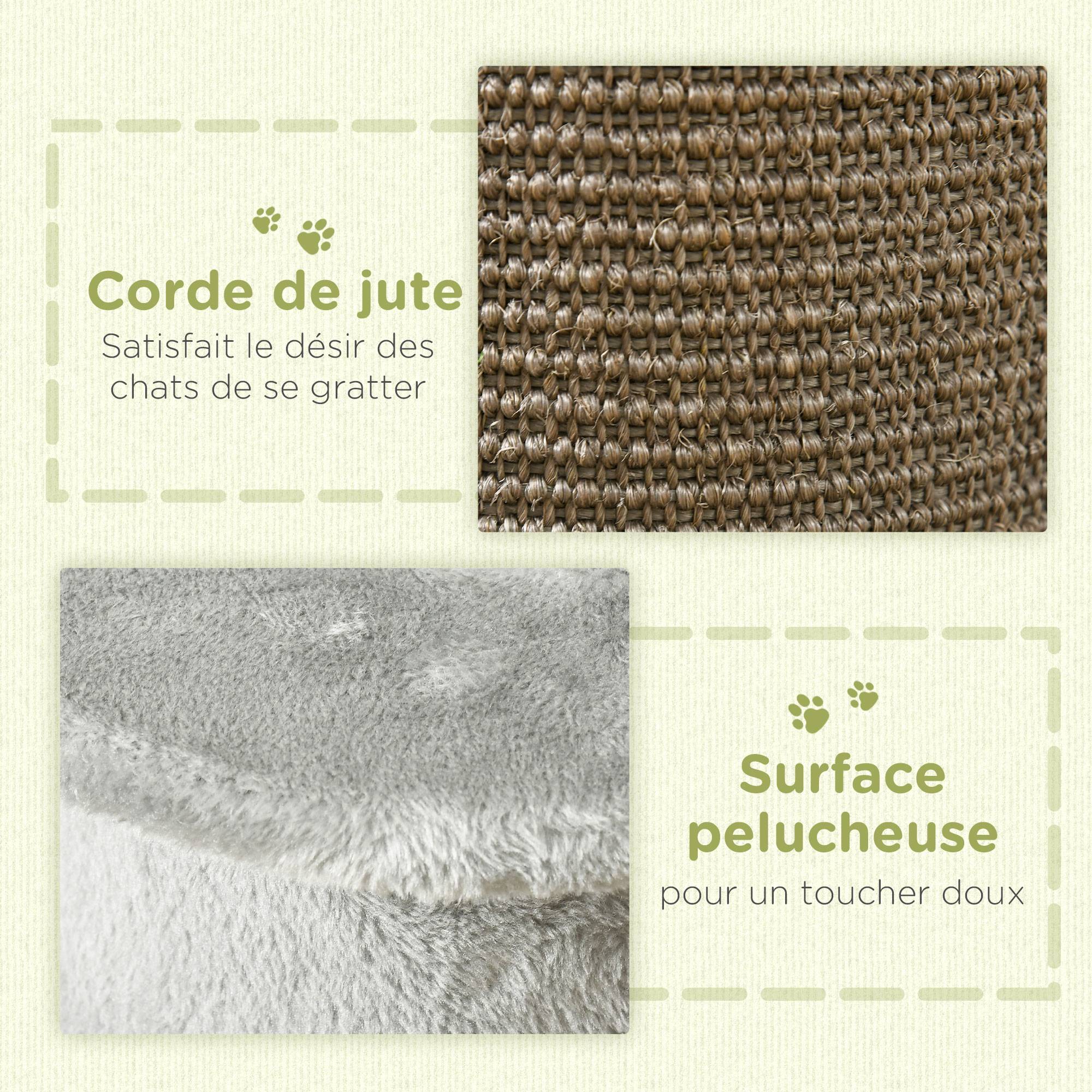 Pawhut - Griffoir grattoir poteau angle 58H cm design jeu boule suspendue + boule sur ressort peluche jute naturelle gris - Imagen 6