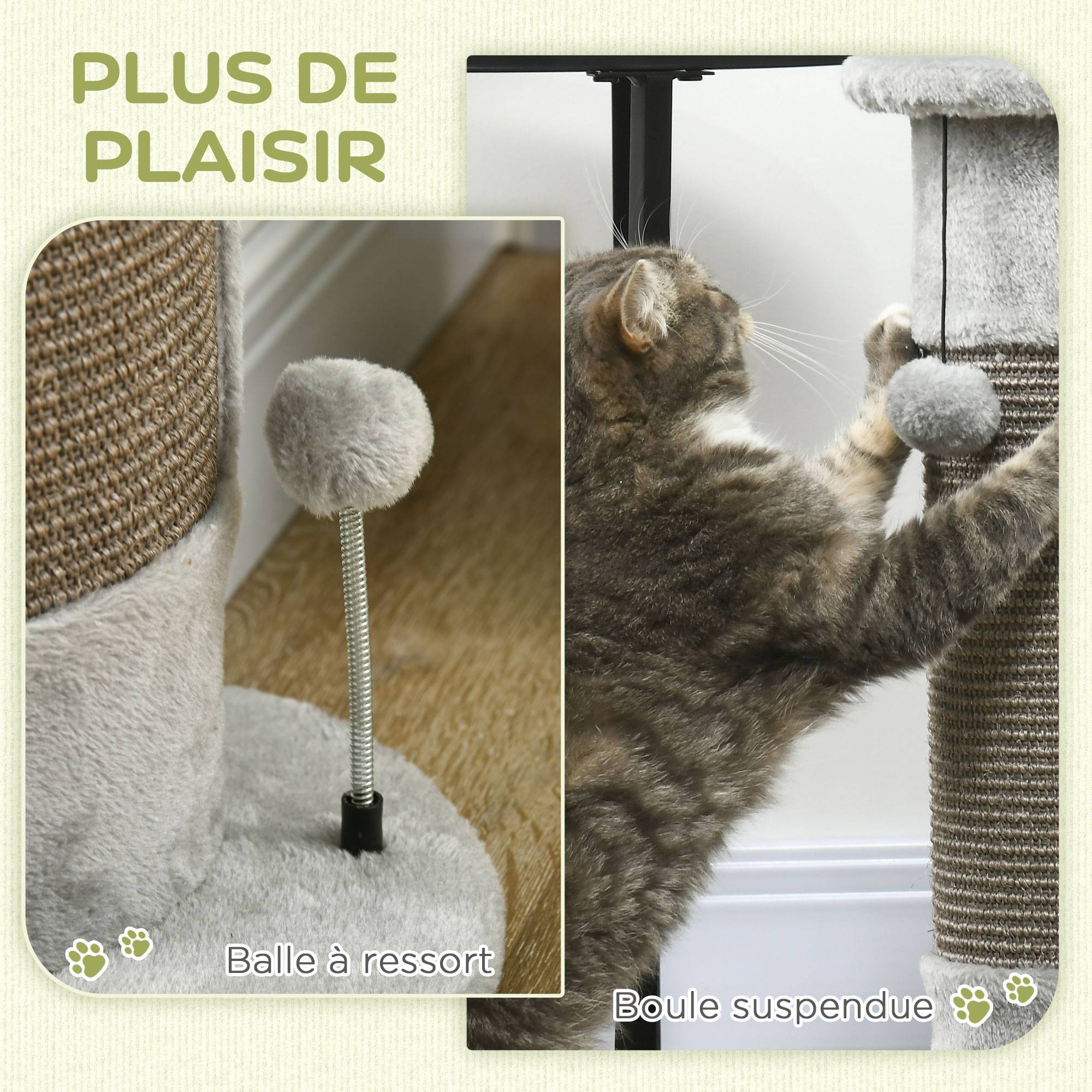Pawhut - Griffoir grattoir poteau angle 58H cm design jeu boule suspendue + boule sur ressort peluche jute naturelle gris - Imagen 4