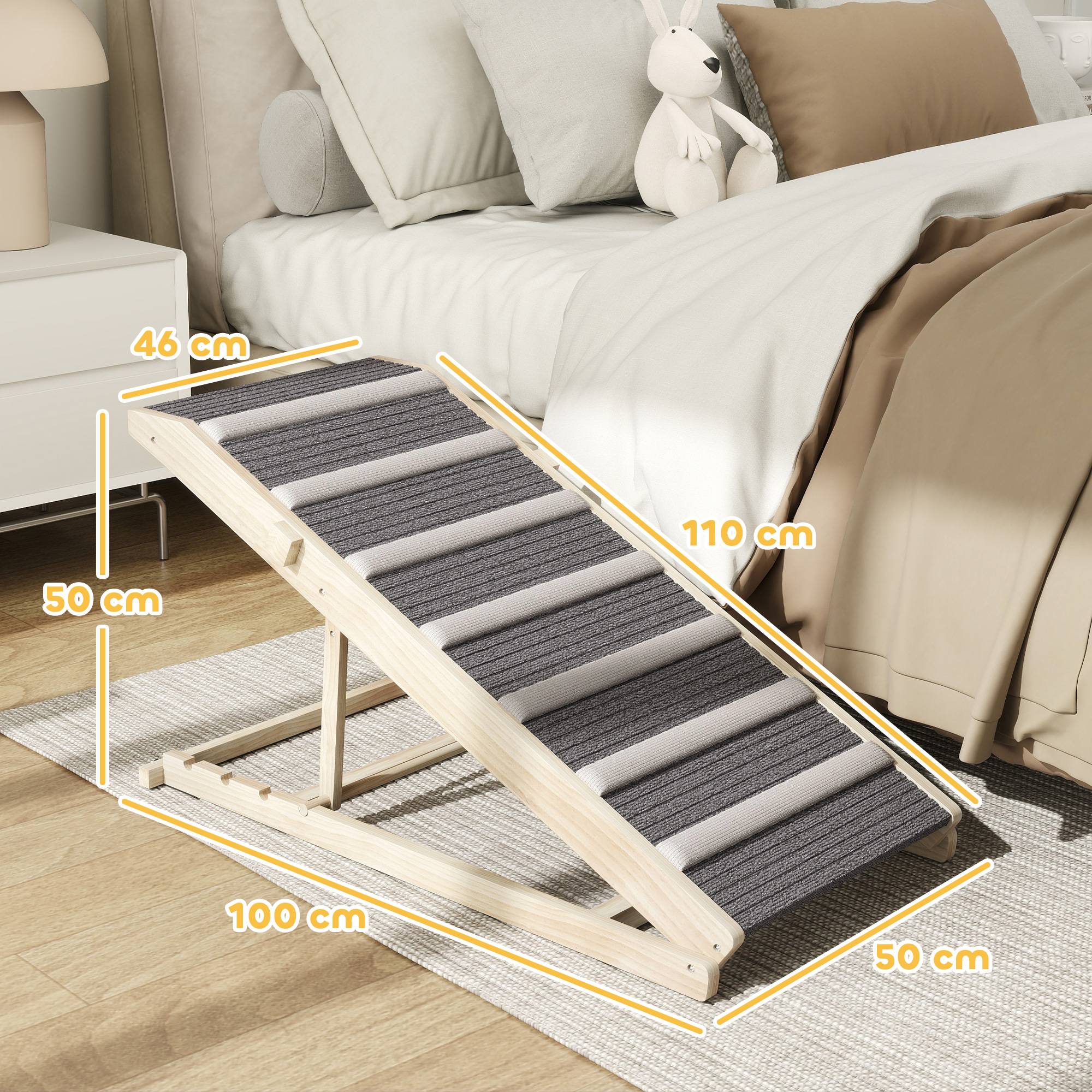 ComfortXL - Rampe pour chien pliable en pin massif naturel avec tapis gris 100 x 50 x 50 cm pour lit et voiture à hauteur réglable - Image 3