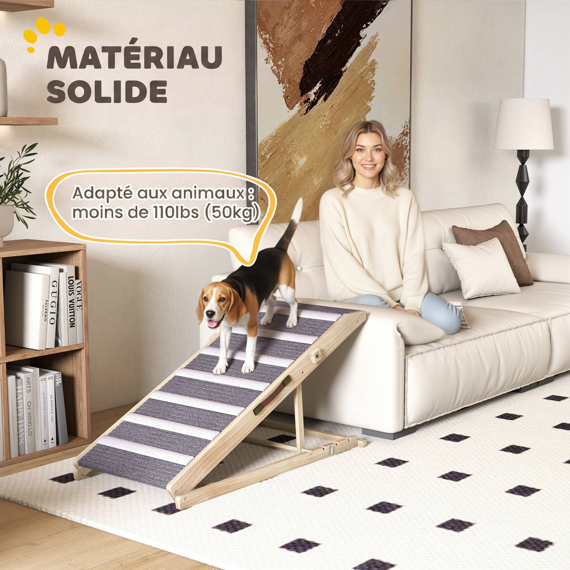 ComfortXL - Rampe pour chien pliable en pin massif naturel avec tapis gris 100 x 50 x 50 cm pour lit et voiture à hauteur réglable - Image 7