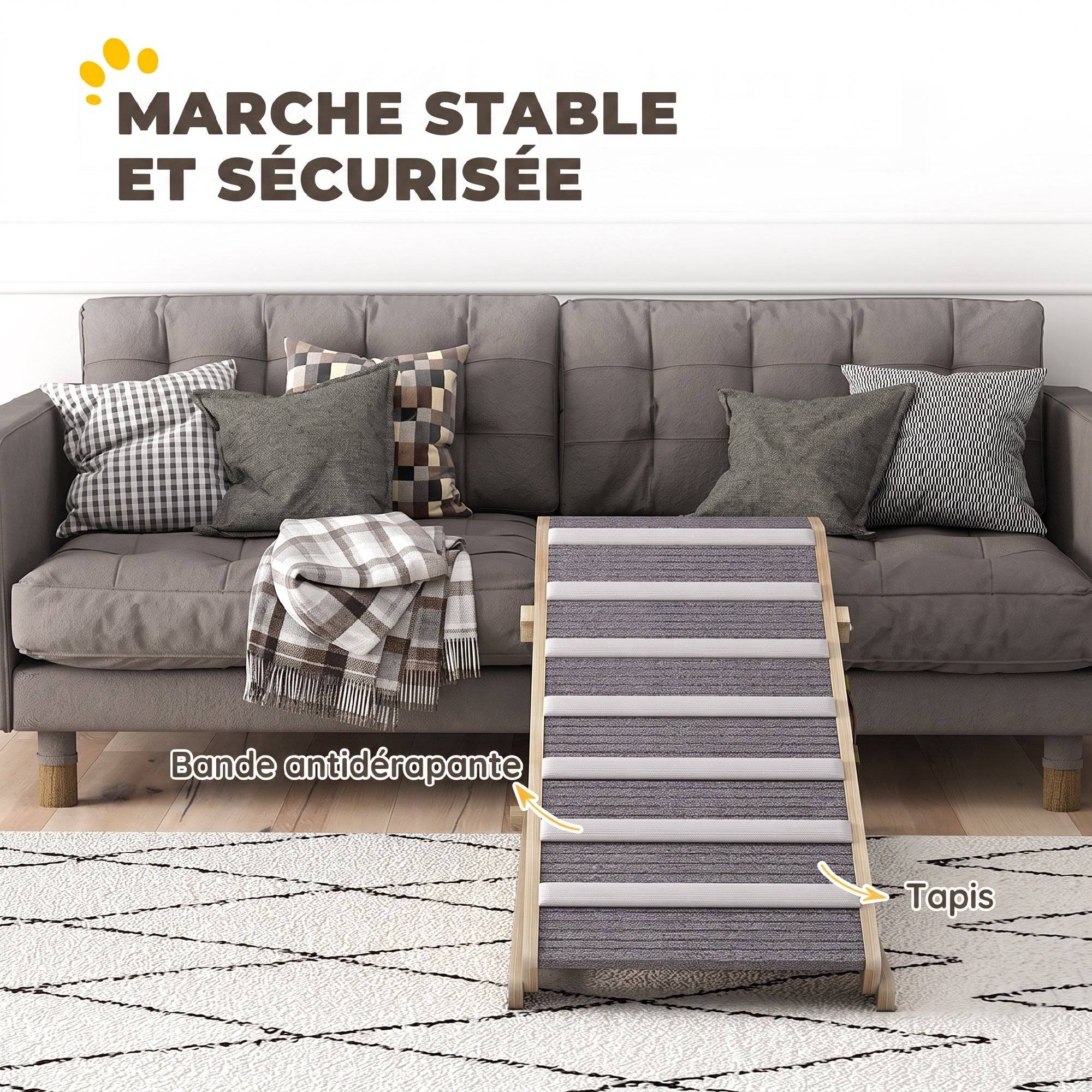 ComfortXL - Rampe pour chien pliable en pin massif naturel avec tapis gris 100 x 50 x 50 cm pour lit et voiture à hauteur réglable - Image 5